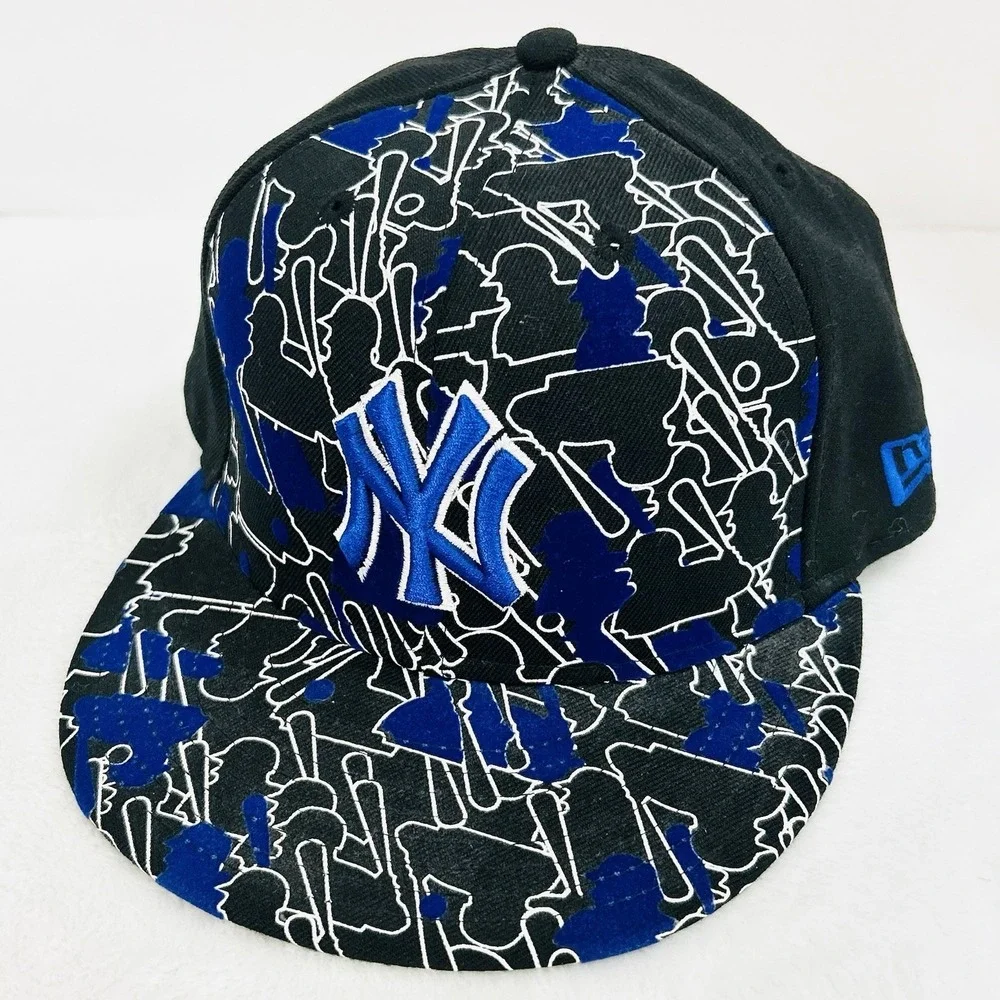 New Era New York Yankees MLB Logo Pattern 59FIFTY Fitted Hat Cap 7 3/8 Black‎